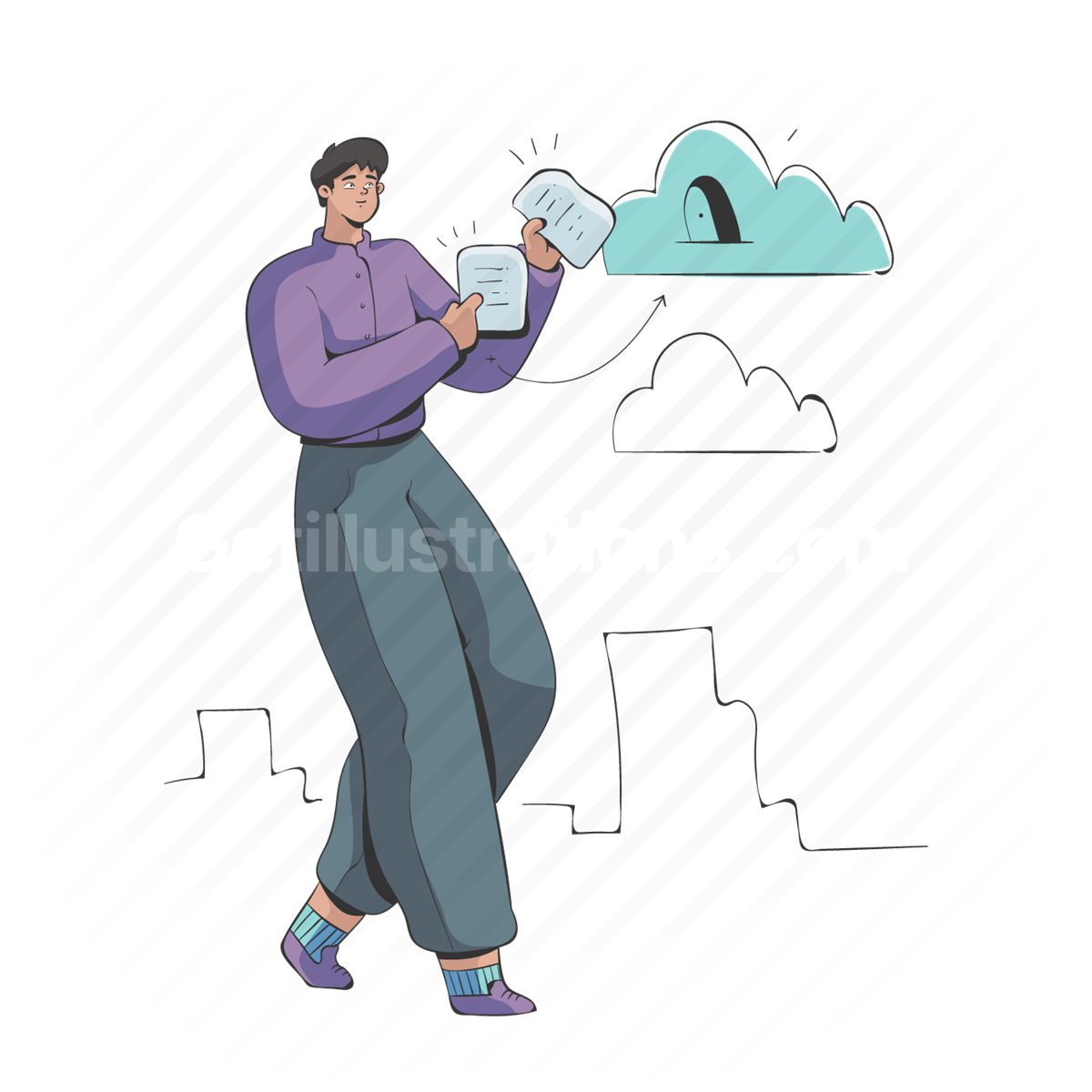 man, cloud, transfer, document, paper